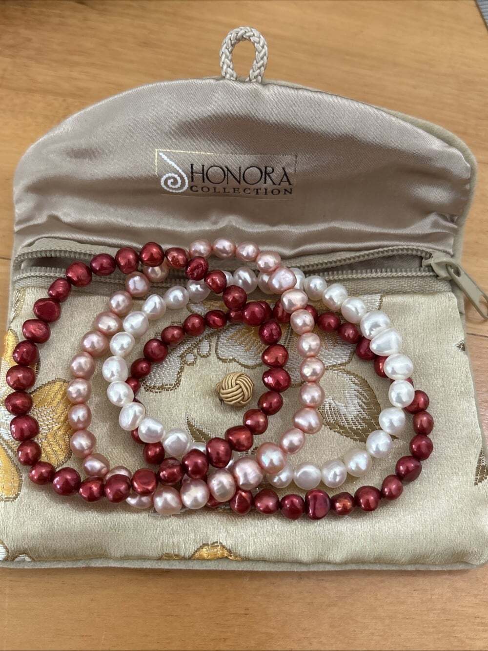 Set of 4 HONORA Freshwater Pearl Stretch Bracelets Dyed Red Pink White 6-6.5mm